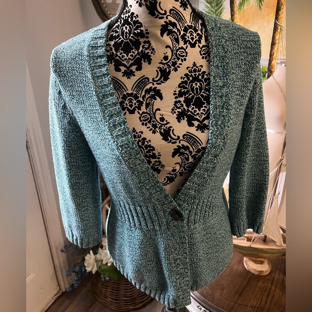 Eddie Bauer Teal Knit Preppy Academia Cardigan Sweater Size Medium